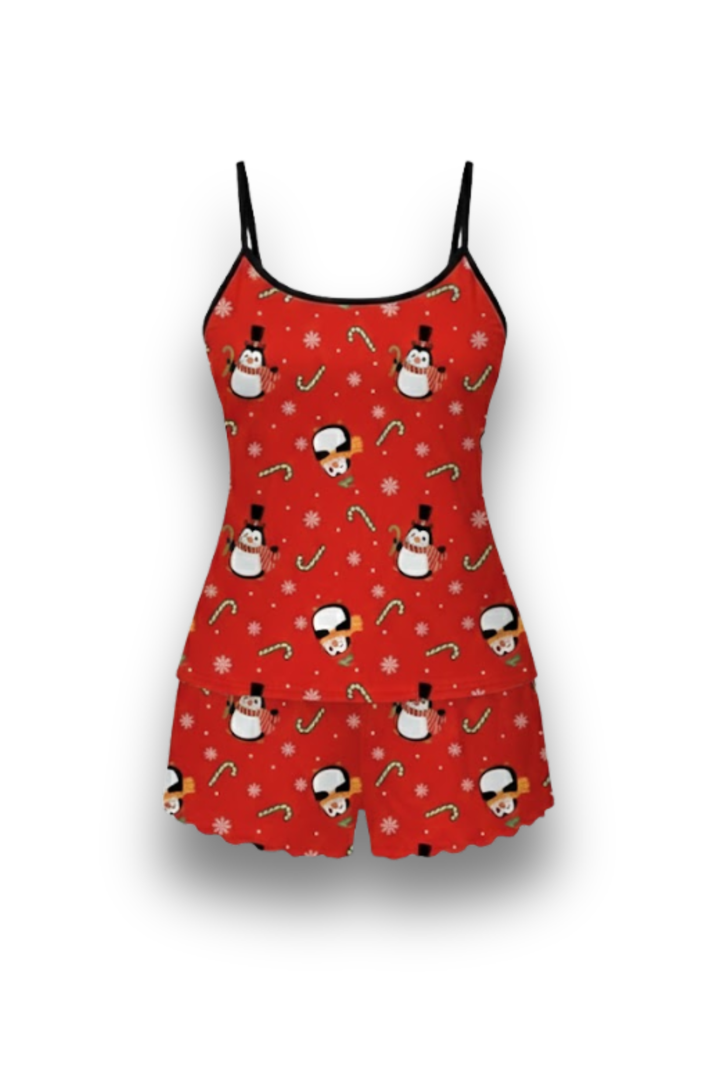Women's Christmas Penguin & Candy Cane Print Frill Trim Pajama Set