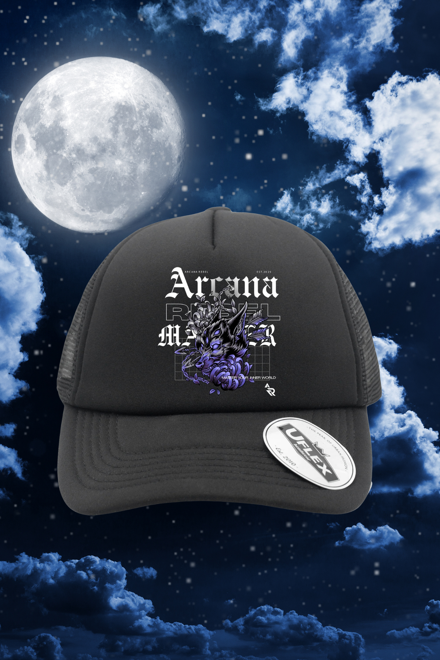 Arcana Rebel Black Trucker Wolf Cap