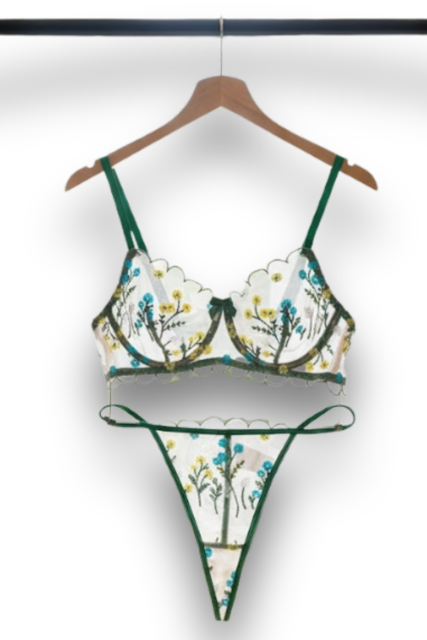 Green Embroidered Lingerie Set