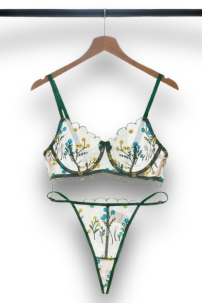 Green Embroidered Lingerie Set