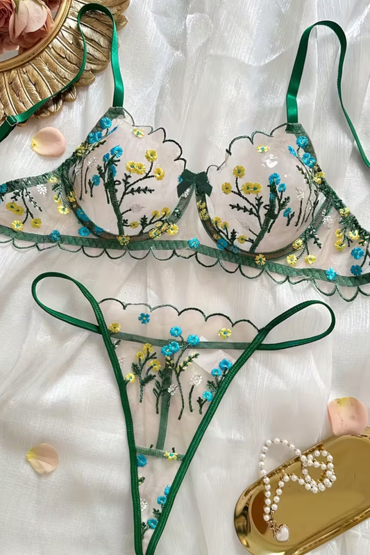 Green Embroidered Lingerie Set