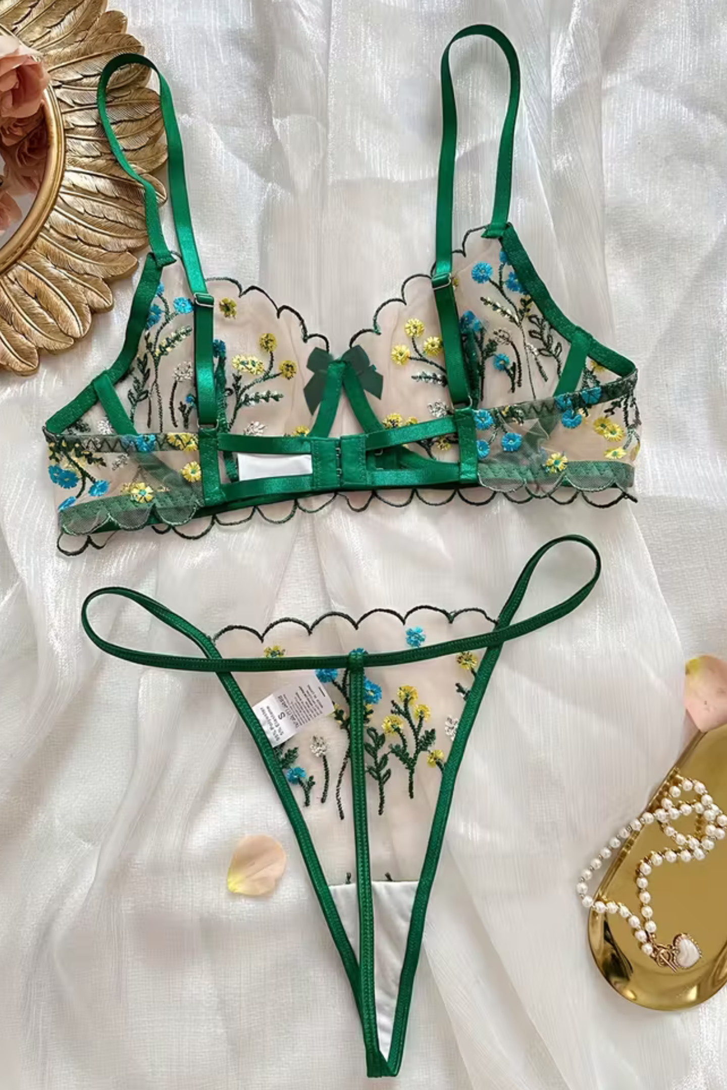 Green Embroidered Lingerie Set