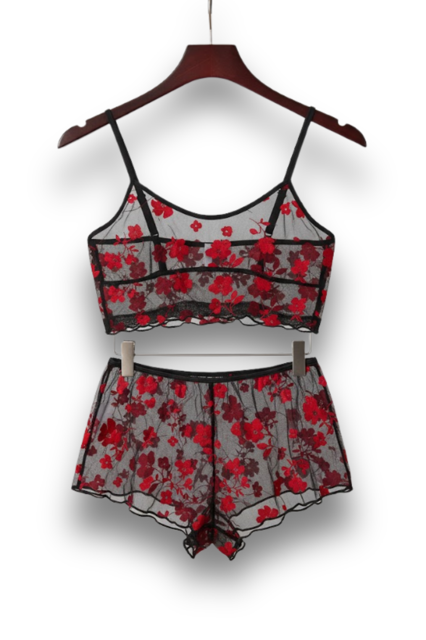 Women's Sexy Lingerie Set - Red & Black Floral Print, Strapless, High-Cut Panties