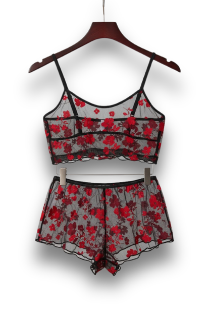 Women's Sexy Lingerie Set - Red & Black Floral Print, Strapless, High-Cut Panties