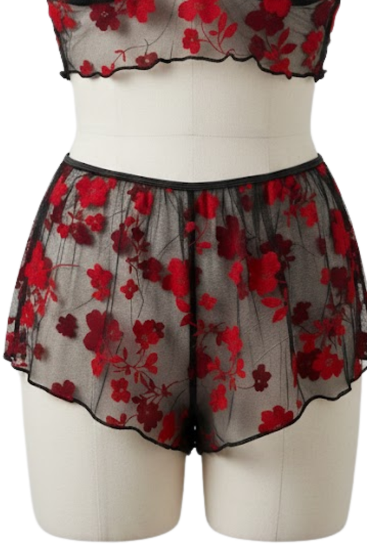 Women's Sexy Lingerie Set - Red & Black Floral Print, Strapless, High-Cut Panties