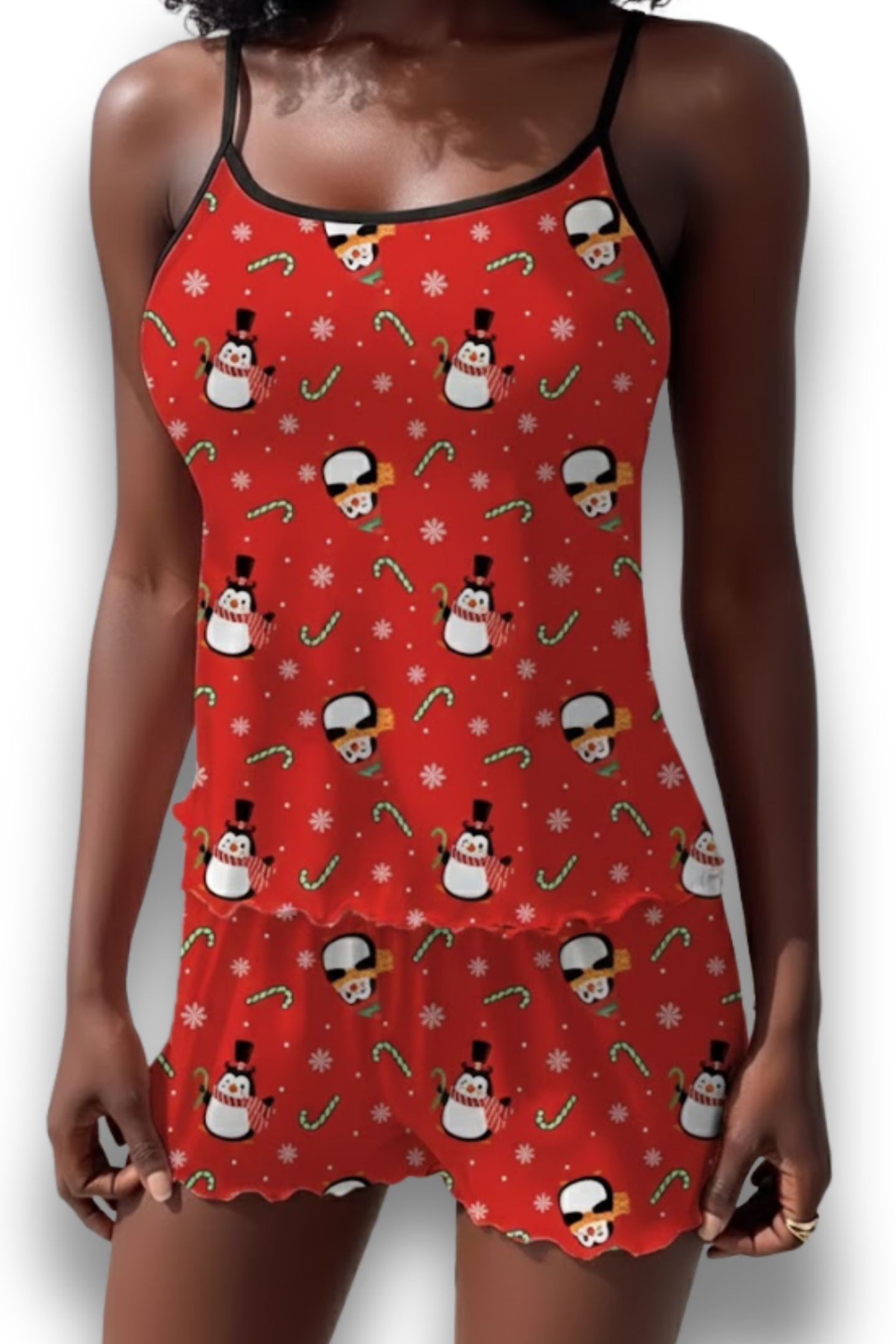 Women's Christmas Penguin & Candy Cane Print Frill Trim Pajama Set