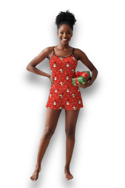 Women's Christmas Penguin & Candy Cane Print Frill Trim Pajama Set