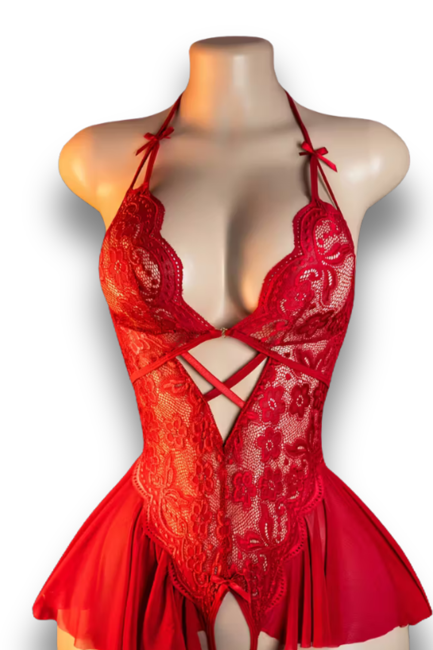 Elegant Red Lace Hollow Bodysuit | Seductive Open Crotch Design