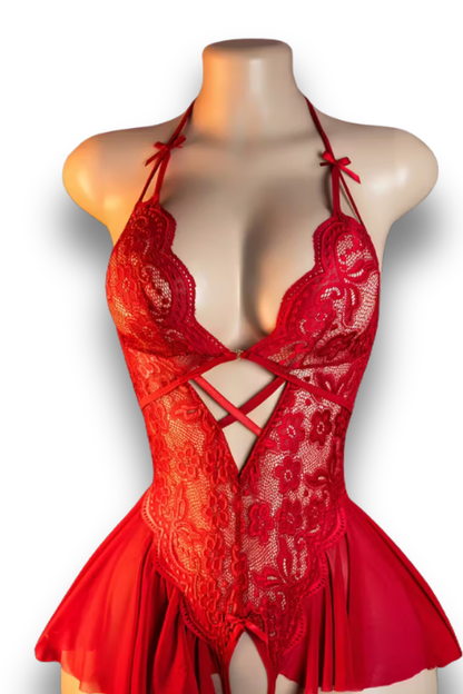 Elegant Red Lace Hollow Bodysuit | Seductive Open Crotch Design