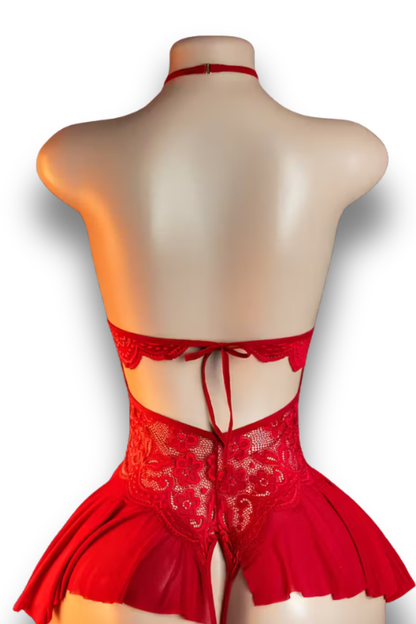 Elegant Red Lace Hollow Bodysuit | Seductive Open Crotch Design