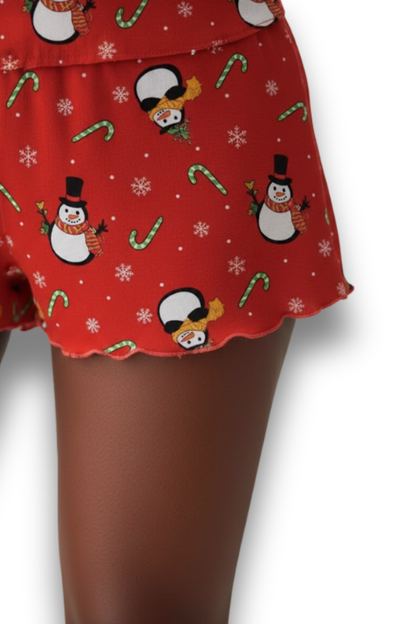 Women's Christmas Penguin & Candy Cane Print Frill Trim Pajama Set