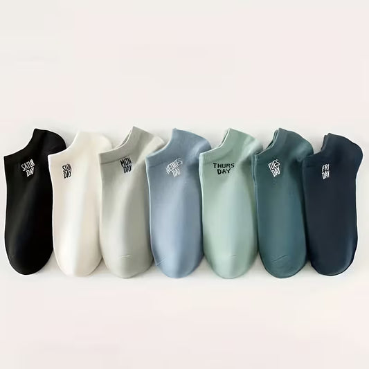 7 Pairs Men's Thin Socks | Printed Monday to Sunday, Soft, Comfortable, Breathable