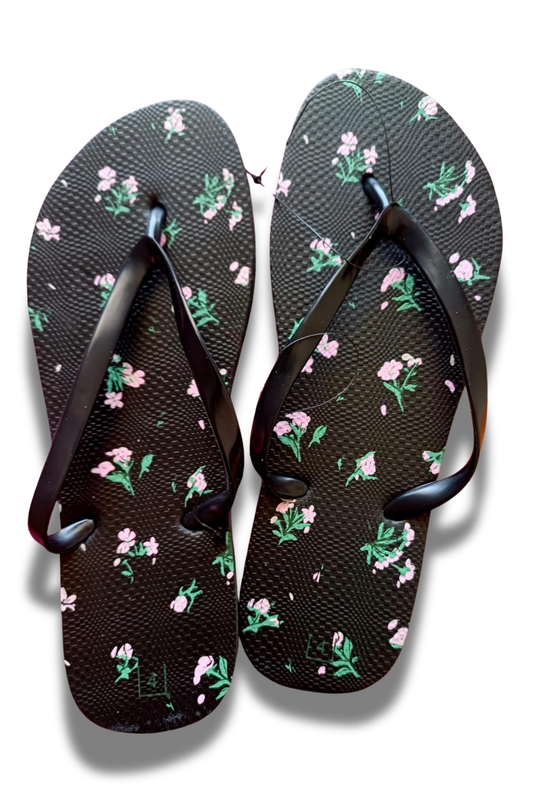 Gymrat Women's Quick-Dry Floral Beach Flip Flops - Non-Slip (Black Floral)