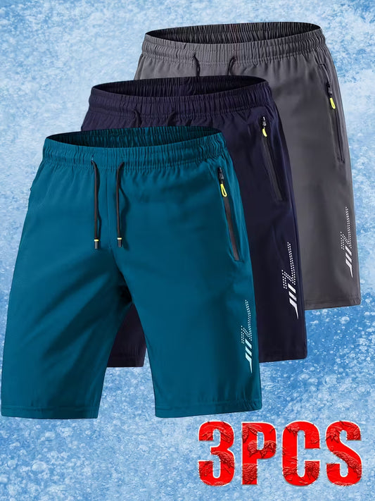 3pcs Men'S Ice Silky Fiber Fabric Athletic Shorts - Soft Comfortable Fabric with Lightning Bolt Print